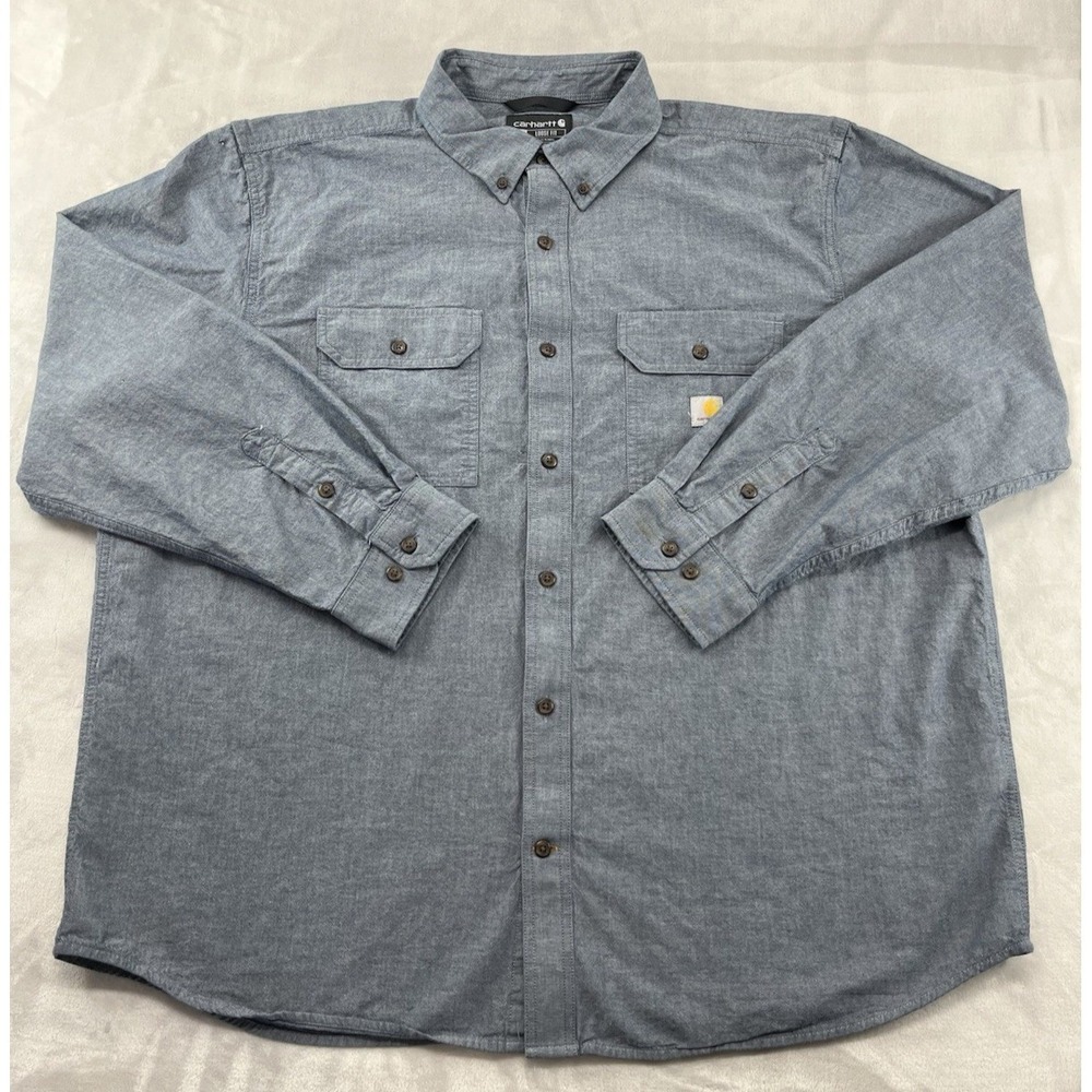 Carhartt Chambray Shirt Men 2XL Blue Loose Fit Chest Pocket Shoulder Pleats Work